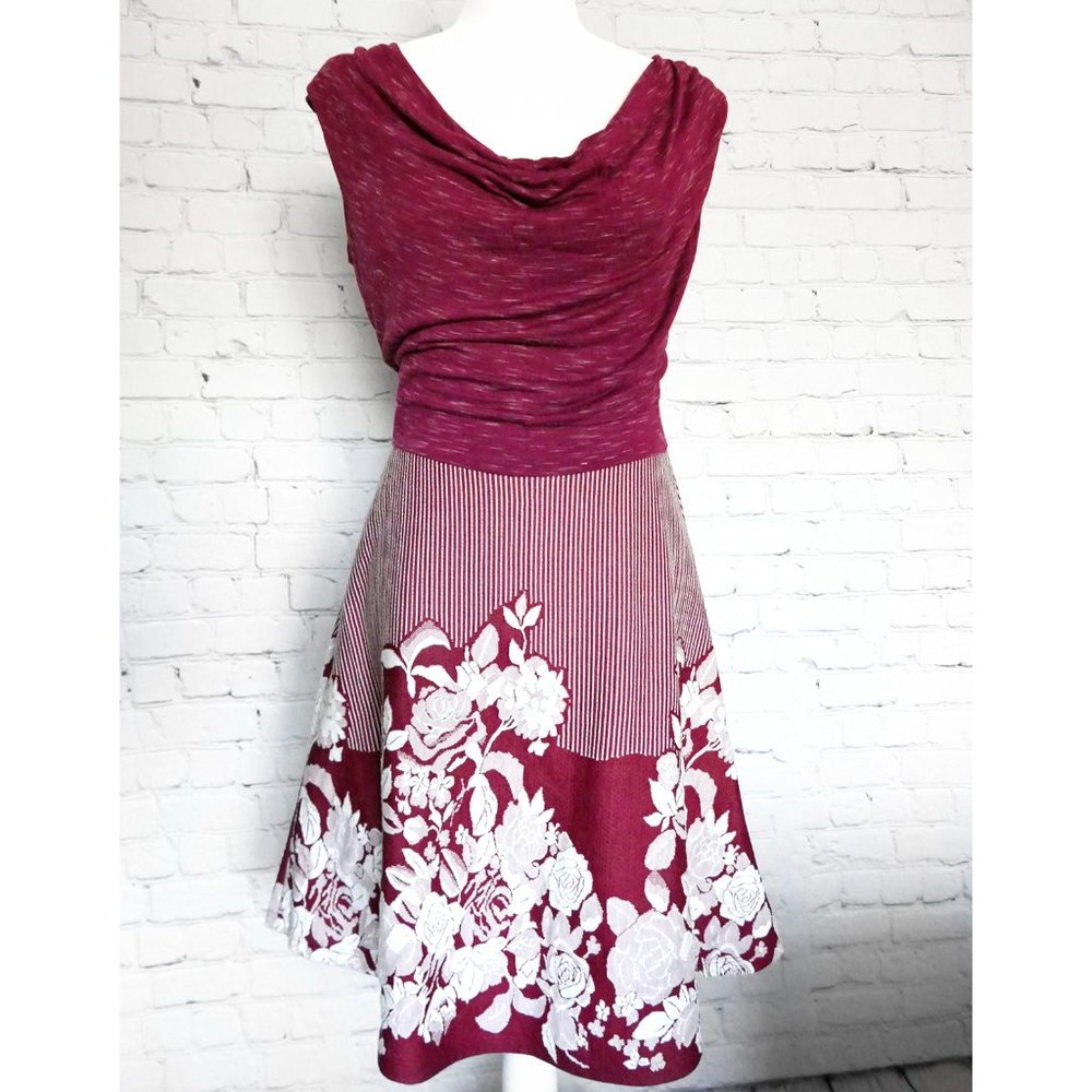 Burgundy Ivory Retro Floral Stripe 1-Pc Casual Dress